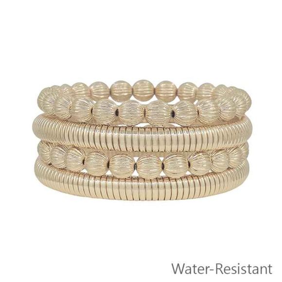 What's Hot Jewelry - Women's Textured Beaded Gold Ribbed Stretch Water-Resistant Bracelets Set of 4